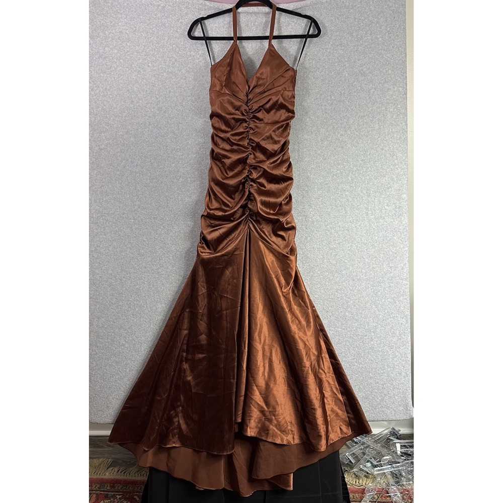 Jessica McClintock Dress Womens 6 Brown Cooper 90s Y2K Vintage Ruched Mermaid